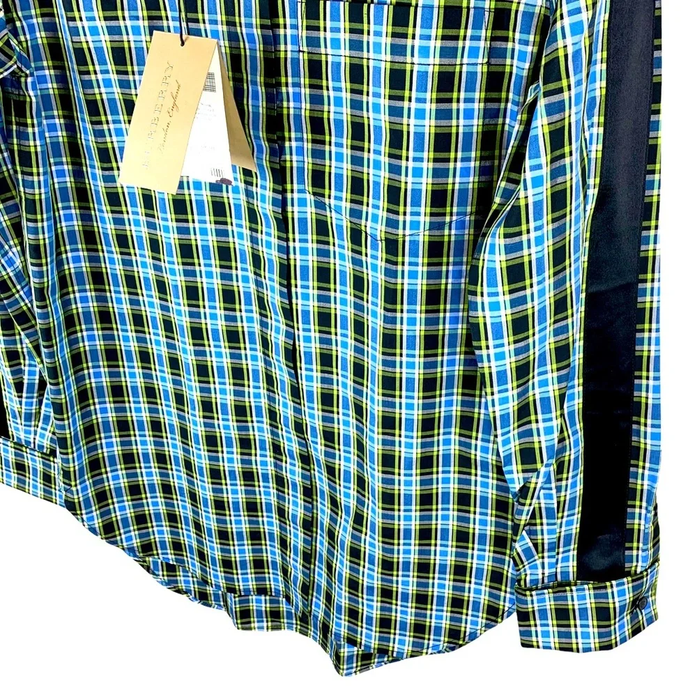 Burberry Saoirse Plaid Long Sleeve Silk Trim Button Shirt Azure Blue - Picture 8 of 16
